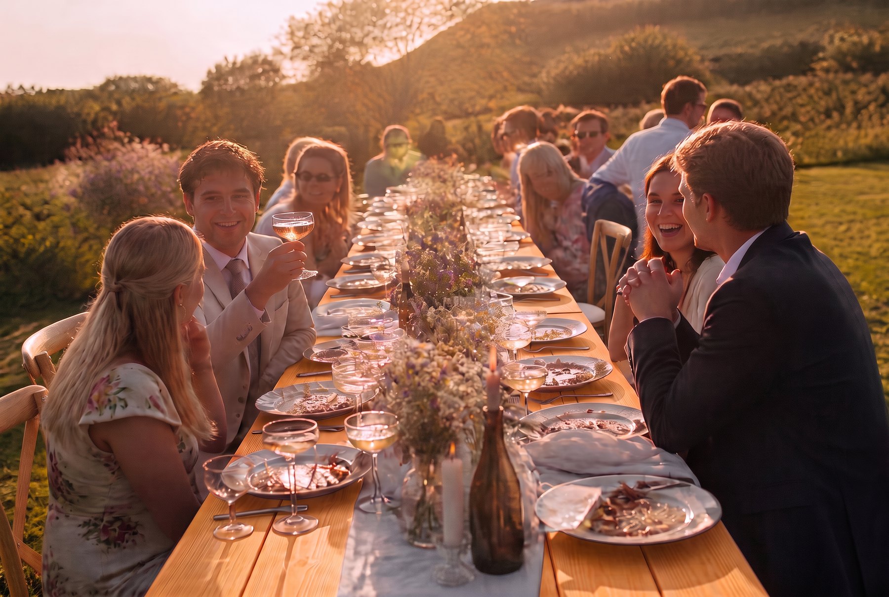 Long rustic wedding tables and cross back chairs
